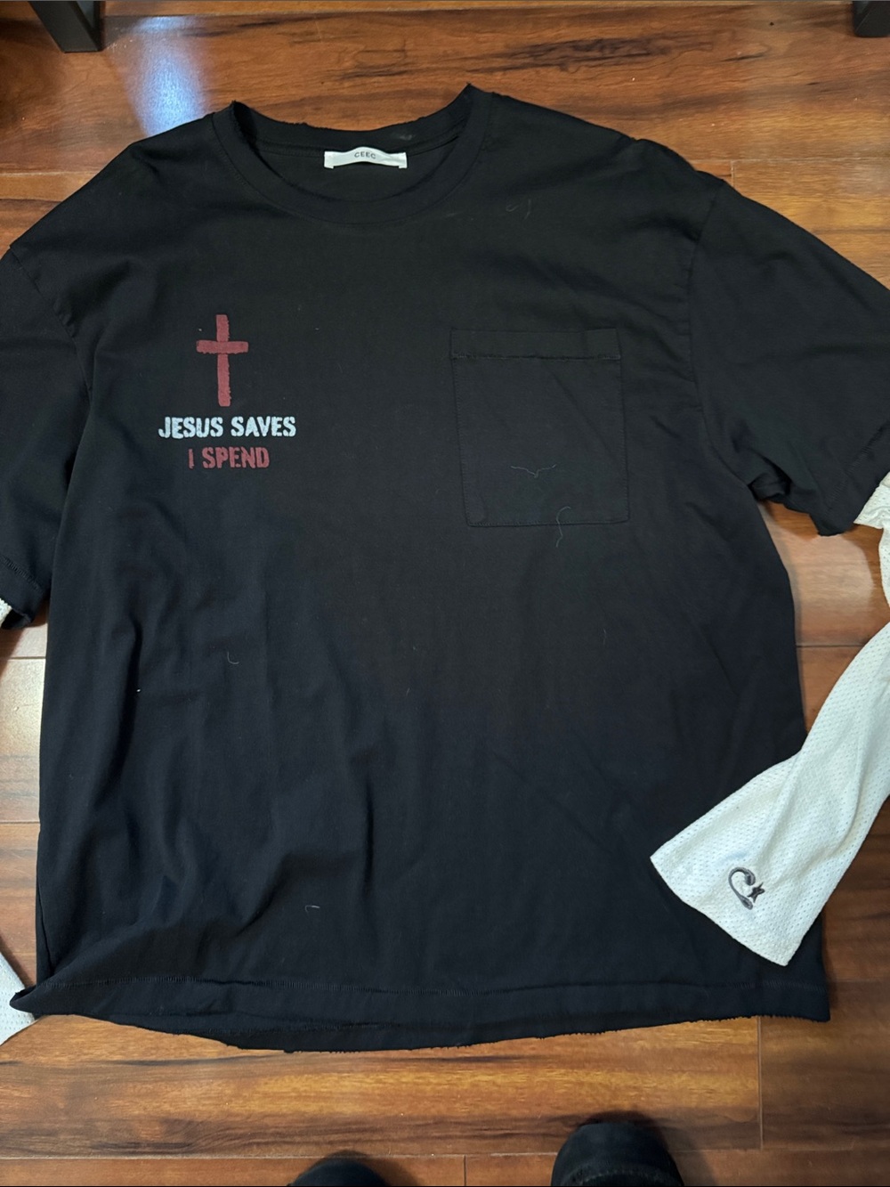 CEEC Black Graphic Pocket T-Shirt with Red Cross-new but washed